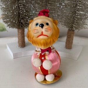Vintage Squeaky Head Lion Pink Satin Christmas Ball Ornament - Made in Japan